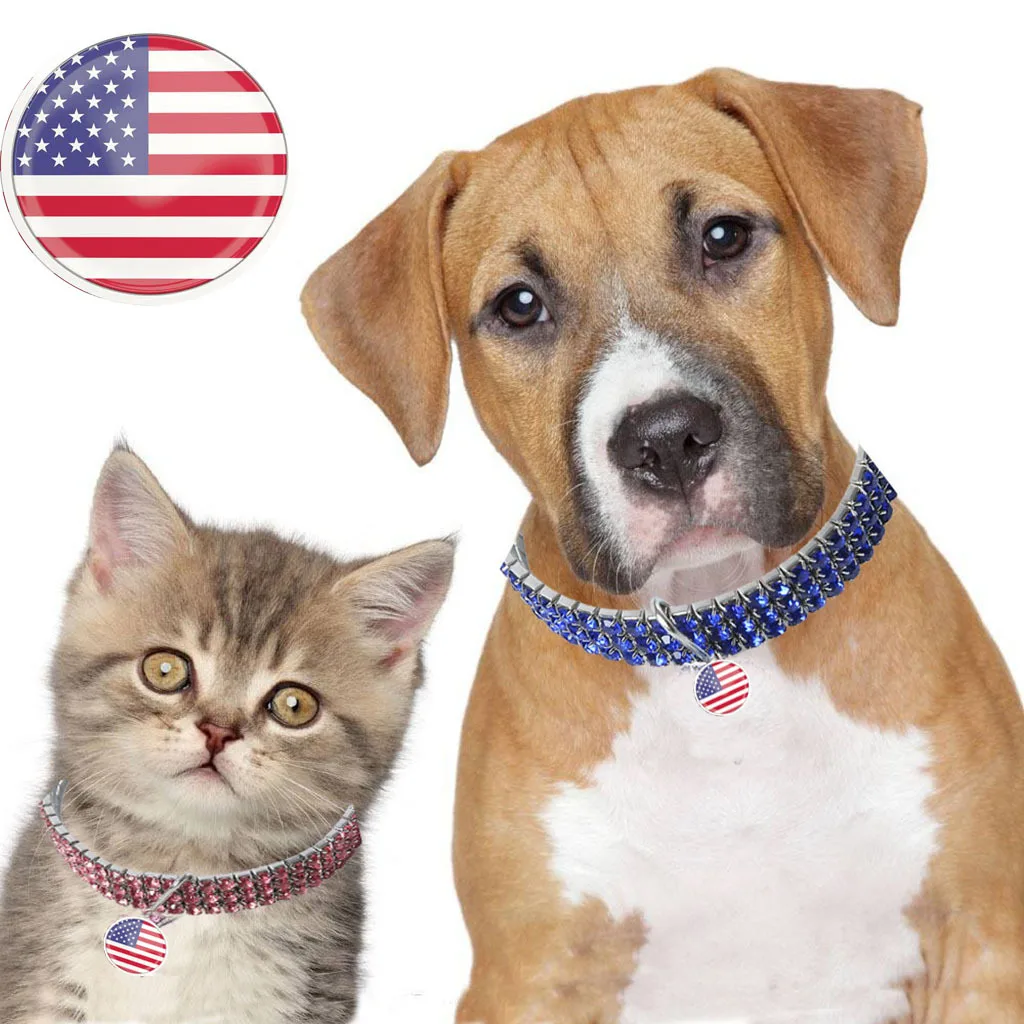 

Amazon Hot Sale Flag Tap Bling Rhinestone Nice Dog Collars Independence Puppy Kitty Necklace Accessories, Solid