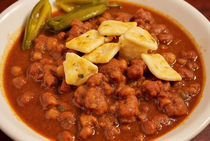 Close-up of Chili John's signature chili served in a bowl with oyster crackers and pickled jalapeños on the side