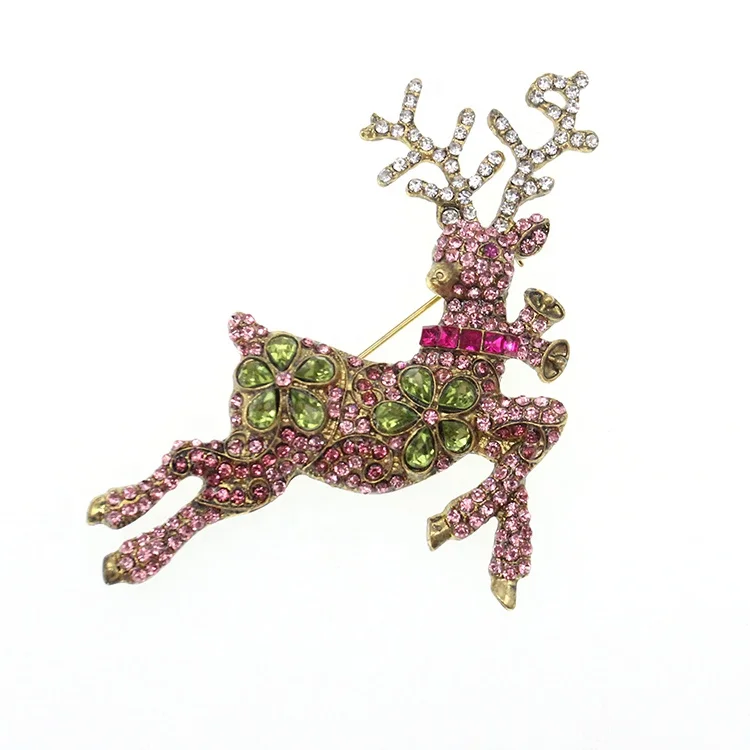 

Free Shipping Gold-plated Pink Rhinestone Plum Blossom Reindeer Brooch For Christmas Gift