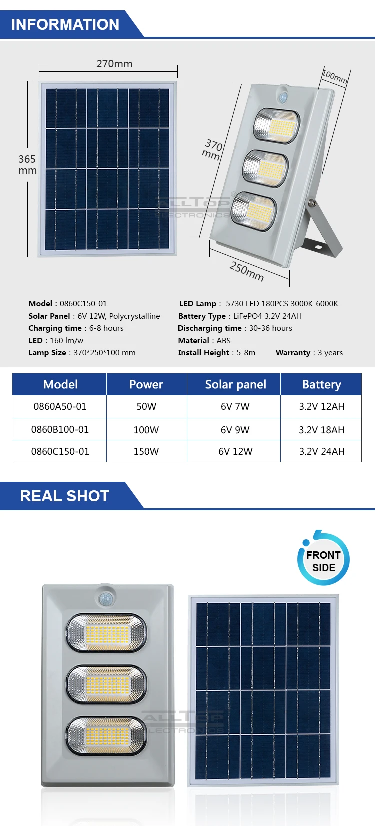 ALLTOP Factory Whole Sale Outdoor waterproof IP67 50w 100w 150w Solar Led Flood Light