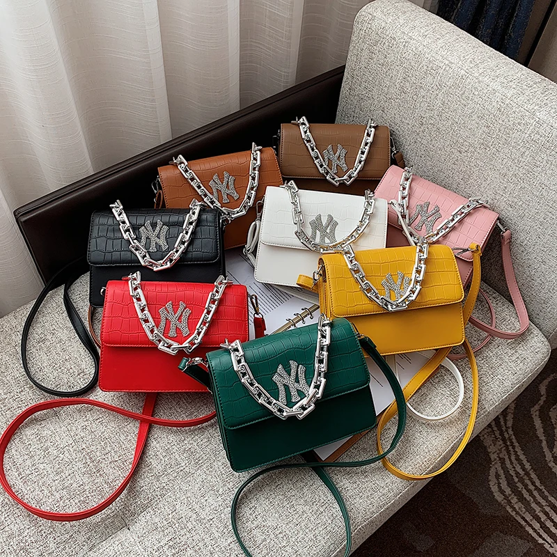 

2021 Trendy PU Leather Bling Purses for Lady Women Square NY Bags Fashion Crossbody Chain NY Purse Handbags Wholesale, 8 colors