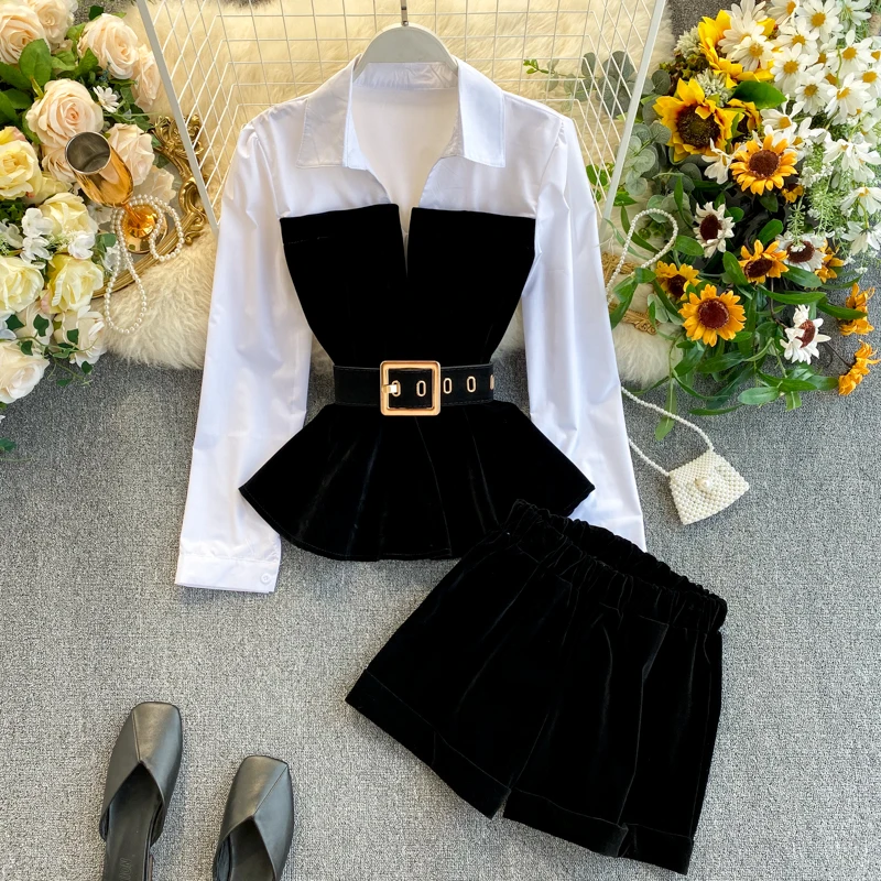 

Spring New Fashion Splicing Long Sleeve Ruffle Shirt High Waist Solid Color Wide Leg Shorts 2 Piece Suit Women Outfits, Black