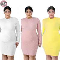 

D90801008 queenmoen 2019 autumn fashion pearl beaded long sleeve solid plus size woman ladies dresses