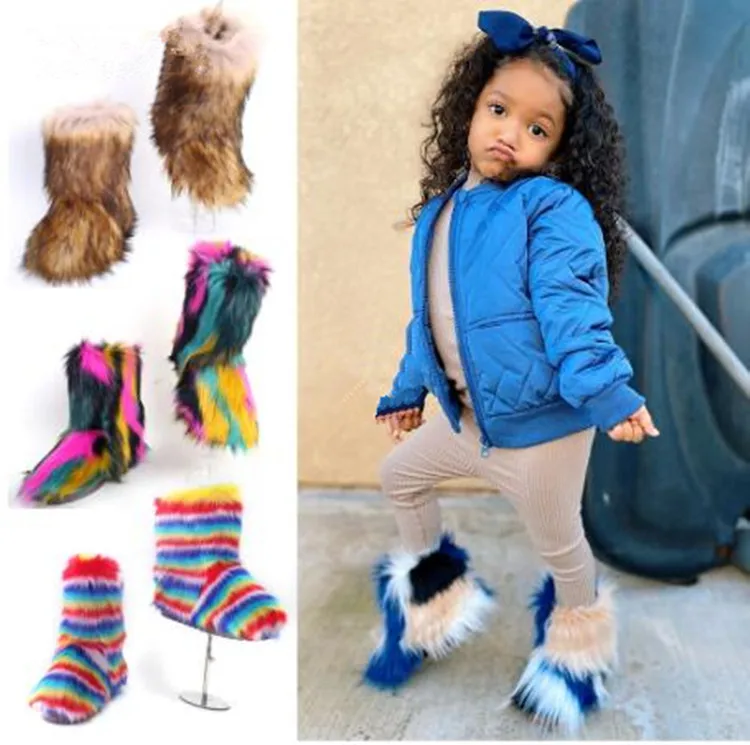 

2020 Winter Puffy Warm Infant Fur Boots Snow Shoes Toddler Girl Mommy And Me Fur Boots For Kids, As pictures or customized color
