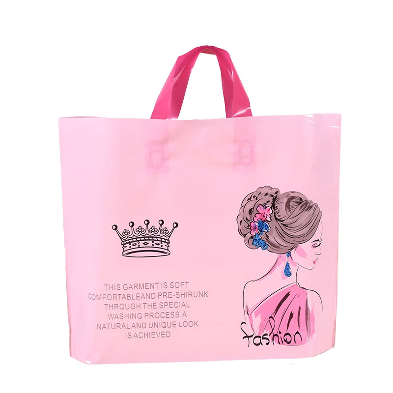 

50PCS/PACK Creative Customizable Logo Girl Print Plastic Tote Pink Makeup Gift Bag Shopping Bags Eco Friendly Reusable, 1 color