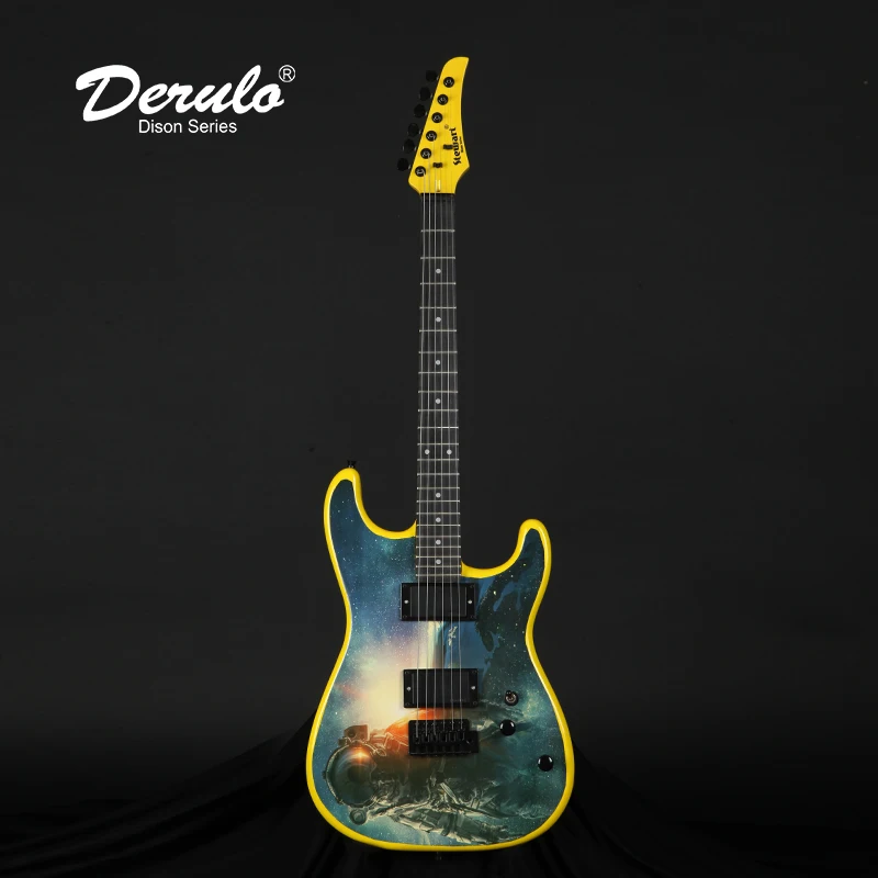 

Derulo Electric Guitar High Quality 6Strings St type Coloured drawing or pattern Yellow Landing on the moon Astronauts