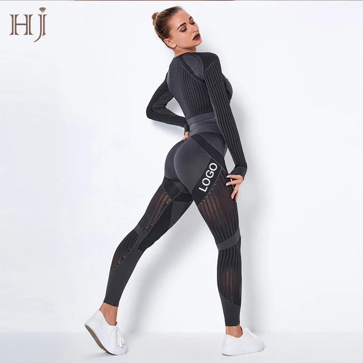 

Women Two Piece Yoga Set Crop Long Sleeve High Waist Hollow Out Striped Sports Top Leggings Workout Fitness Outfit, More than 70 colors available