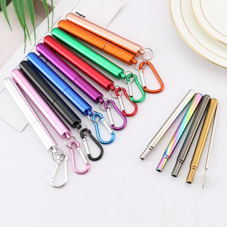 

Reusable Telescopic Stainless Steel Drinking Straw Set with Metal Case, Silver, r, black, gold