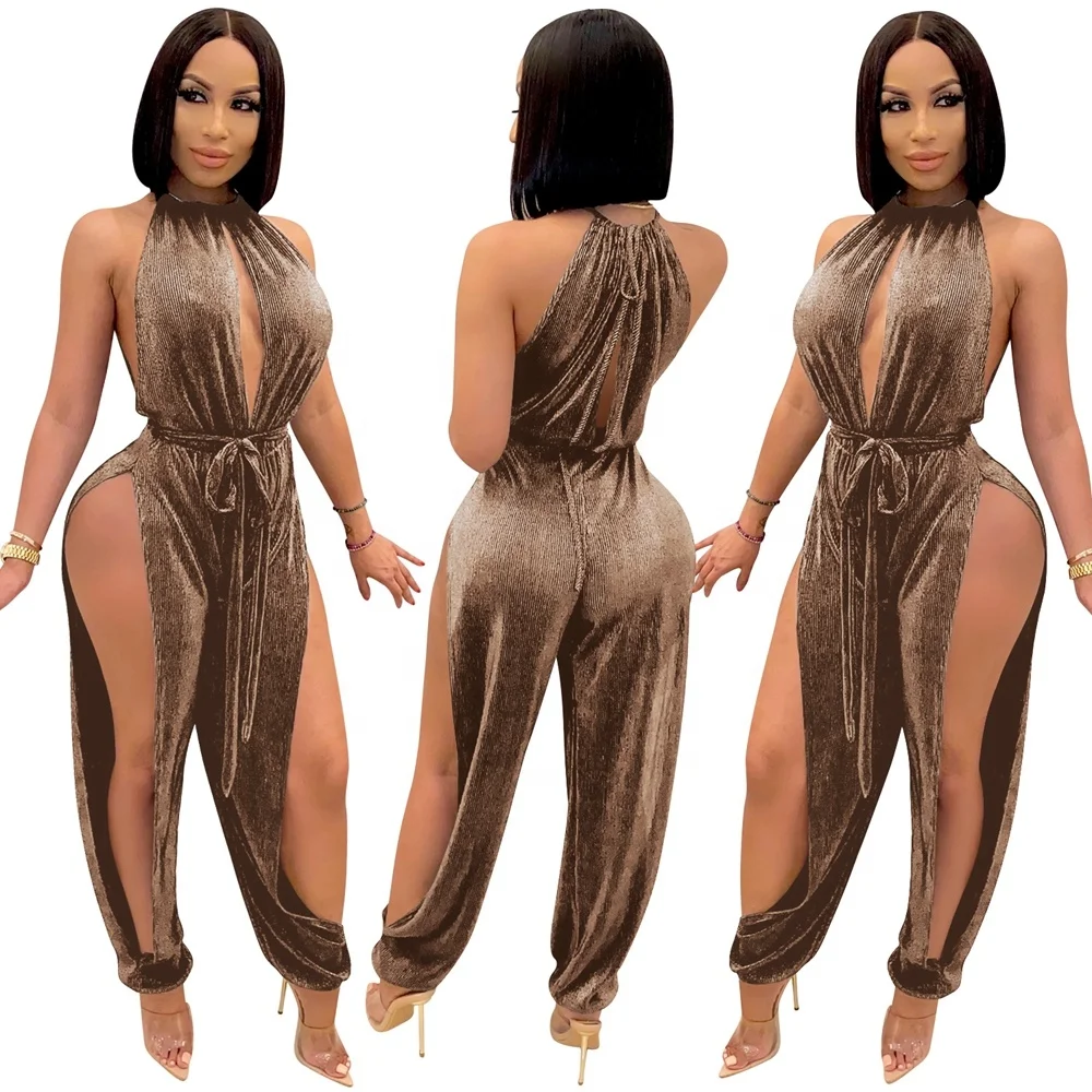 

High Split Women Sexy Halter Deep V Sleeveless Hollow Out Jumpsuits