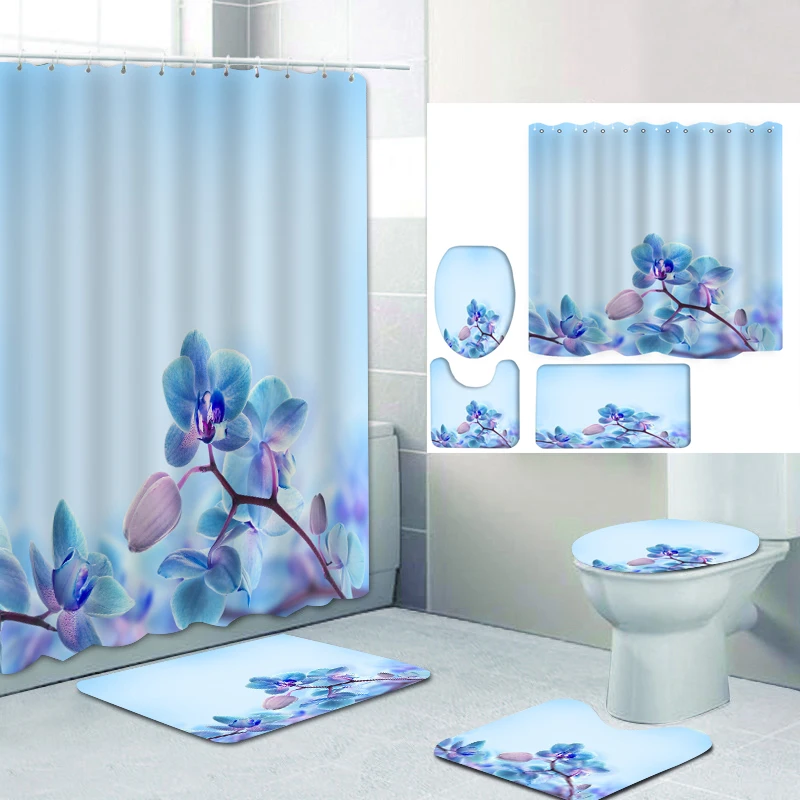 

180x180cm customizable partition bathtub shower curtain bathroom non-slip light blue low flower floor mat four-piece toilet set, Picture