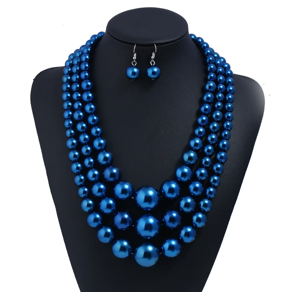 

Wholesale Blue Multi Layer Faux Pearl Strand Costume Handcraft Jewelry Set for wedding jewelry