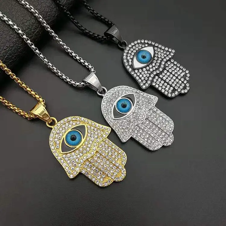 

Hip Hop Religious Jewelry Blue Eyes Hand Necklace Gold Plated Micro Inlay Crystal Diamond Titanium Steel Fatima Hand Necklace