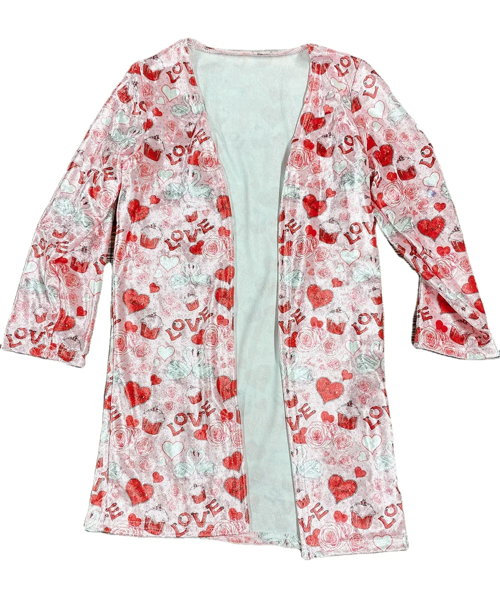 

2022 Valentine's Day Kid's Clothes Girl's Heart Printed Velvet Long Coats Children New Spring Cardigans, Pink