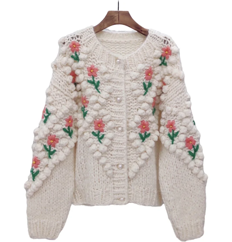 

2021 New Women Winter Handmade Sweater And Cardigans Floral Embroidery Hollow Out Chic Knit Jacket Pearl Beading Cardigans