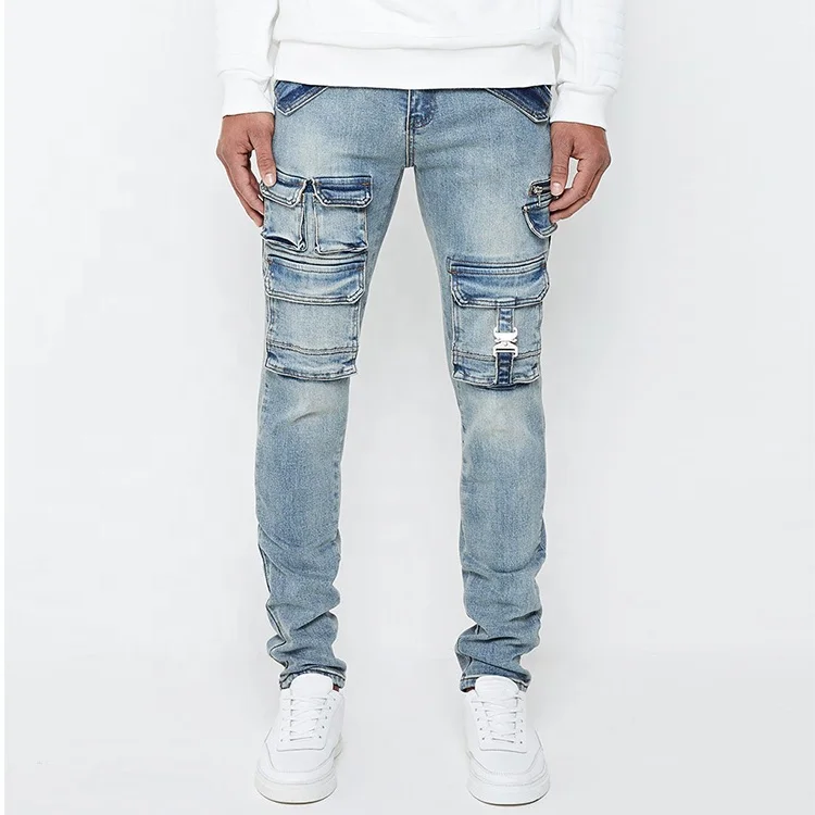 

Custom Slim Fit Cargo Pocket Street Style Stretch Leg Denim Pant with Zip Fashion Wash Men's Long Jeans, Light blue