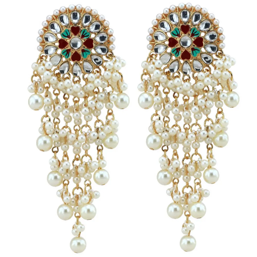

brass alloy zircon beads paving long abs pearl beads tassel jumka indian traditional earrings jewelry women, Gold