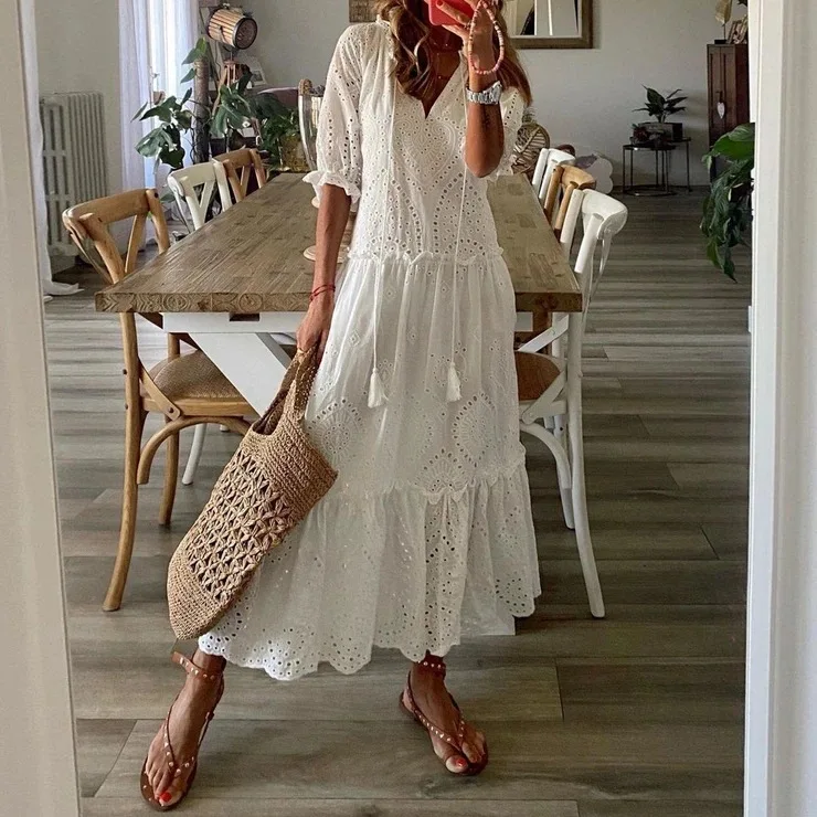 

ZC00621 2021 Elegant sexy V neck hole embroidery short sleeve dress loose women Summer daily wear white Casual Cotton dresses
