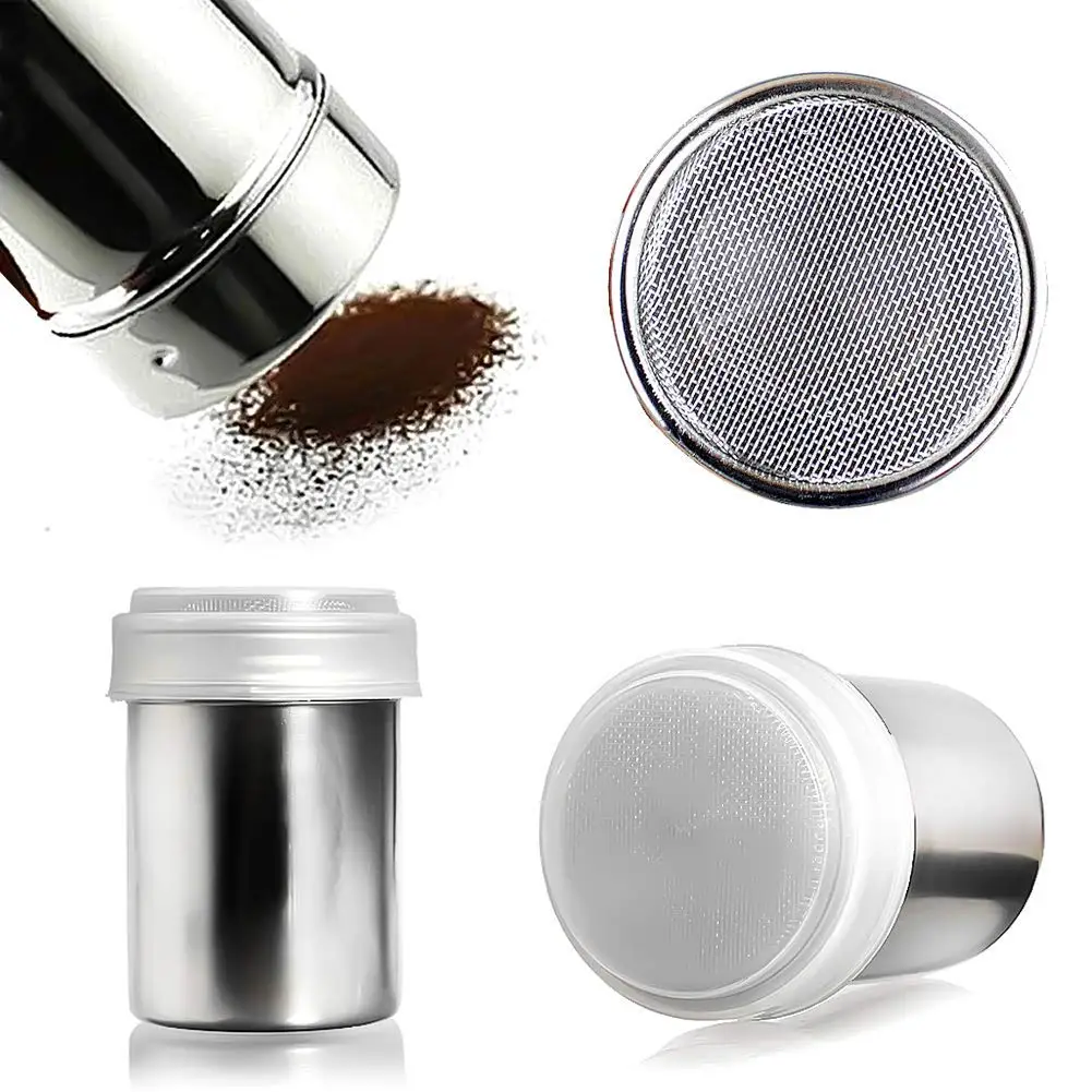 

metal chocolate powder shaker salt spice shaker bottle stainless steel salt and pepper shaker with lid, Silver