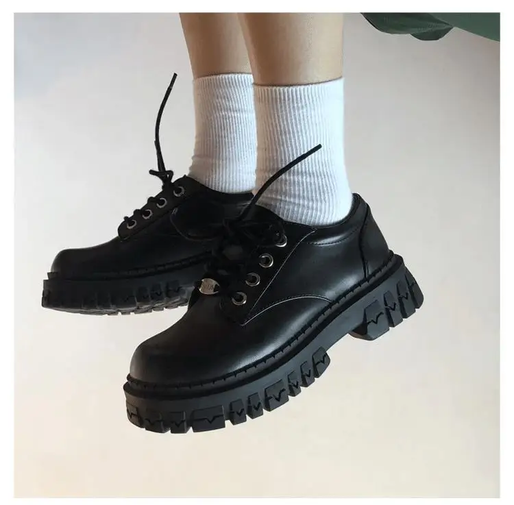 

Women Oxfords 2021 Spring Autumn Casual Platform Shoes Black Lace Up Leather Shoe Sewing Fashion Round Toe Chunky Sole Flats