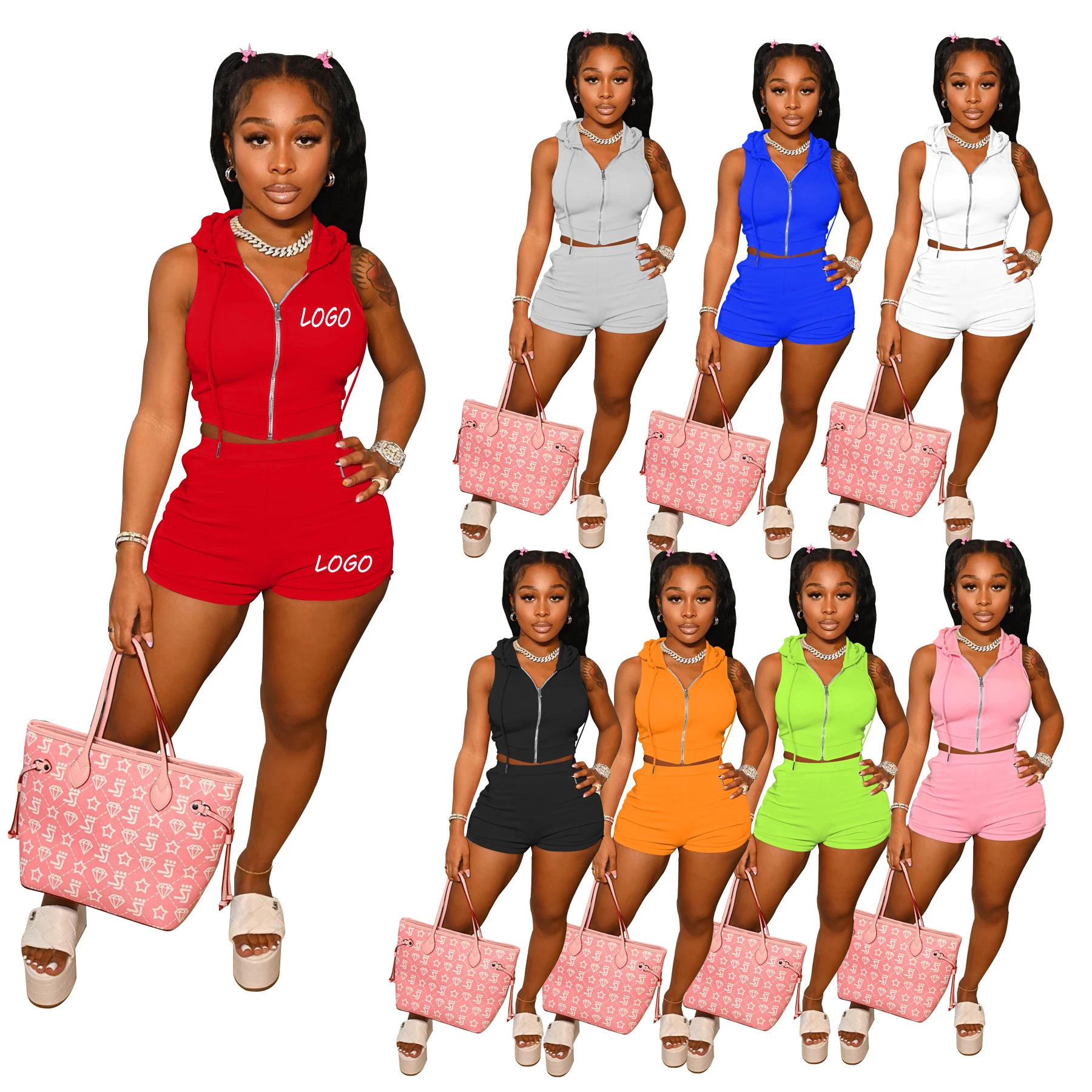 

2022 Women Hooded Tops Sleeveless Solid Tracksuits Outfits Biker Shorts Sets For Women Two Piece, Picture color