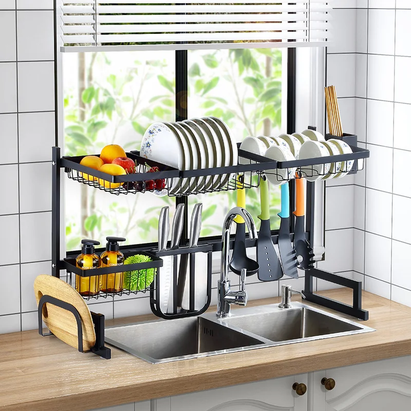 

Multifunctional 2-Tier Stainless Steel Drainer hanging Dish Rack With Utensils Holder over the kitchen Sink dish drying rack, Black