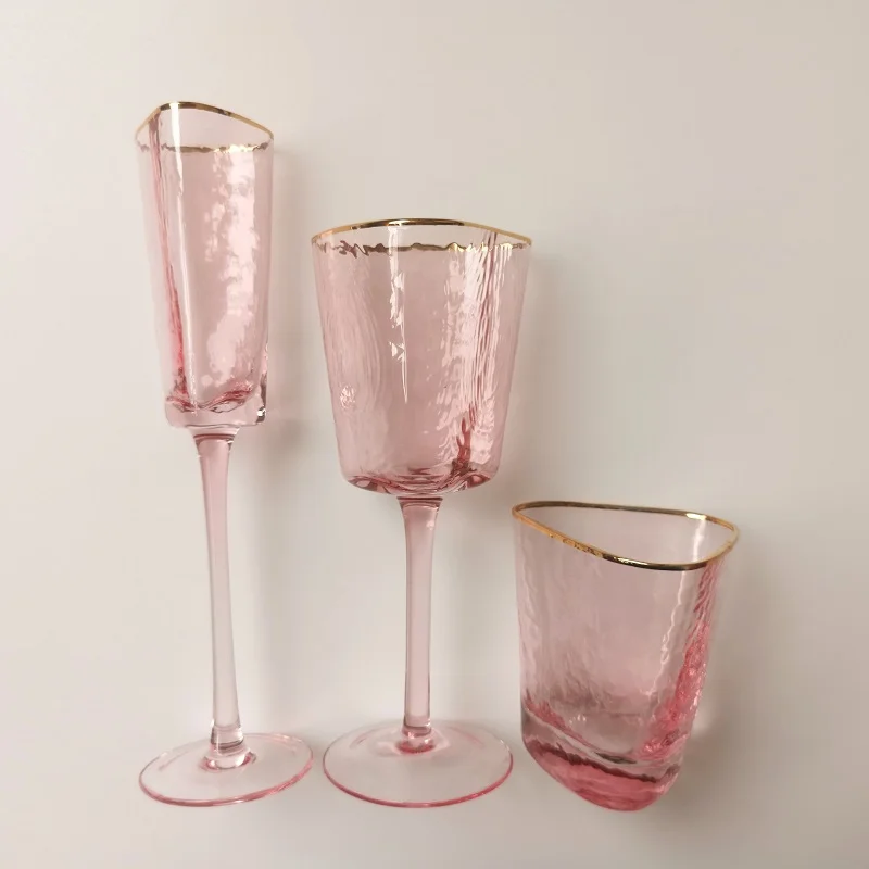 

pink vintage custom crackle red wine glass cup set unique coloured crystal wine glasses goblet set with golden trim, Pink, blue, smoke black, yellow, clear