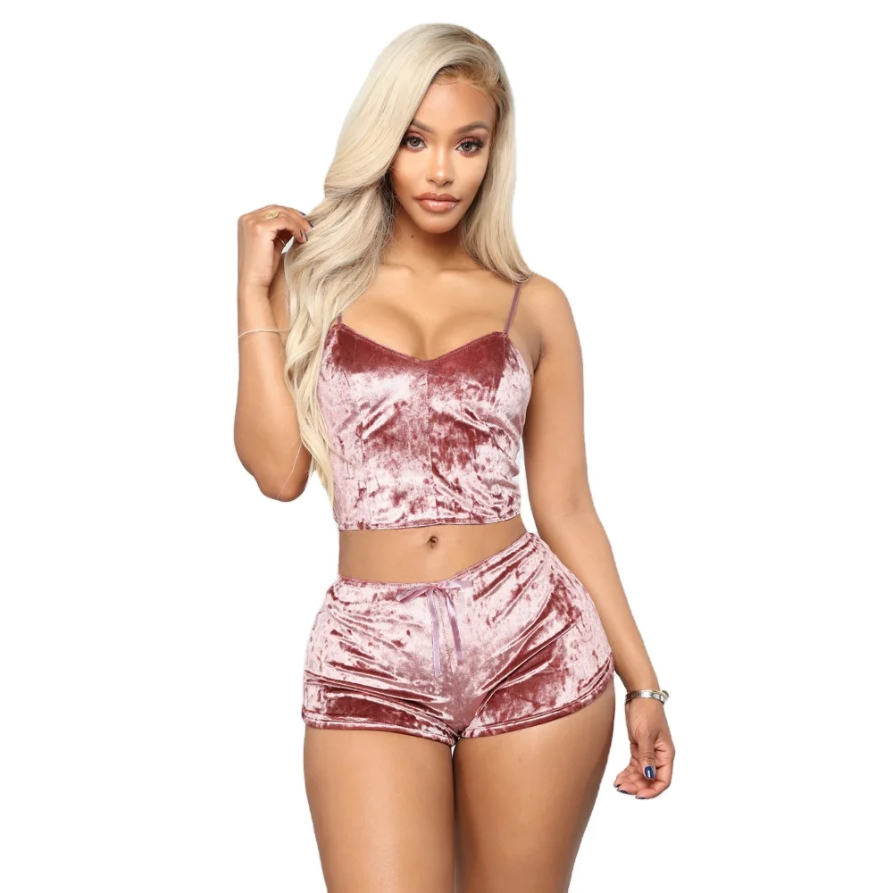 

Women spring summer latest ladies pajamas lounge wear lingerie set Factory Price Cheap Night Wear 2pcs Set velvet sleepwear