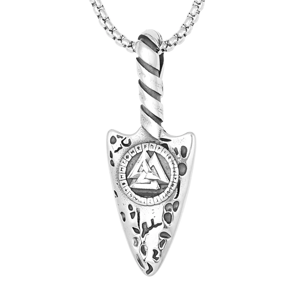 

3D Design Vintage Nordic Viking Stainless Steel Gungnir Hammer Valknut Rune Spearhead Compass Pendant Necklace For Men Jewelry