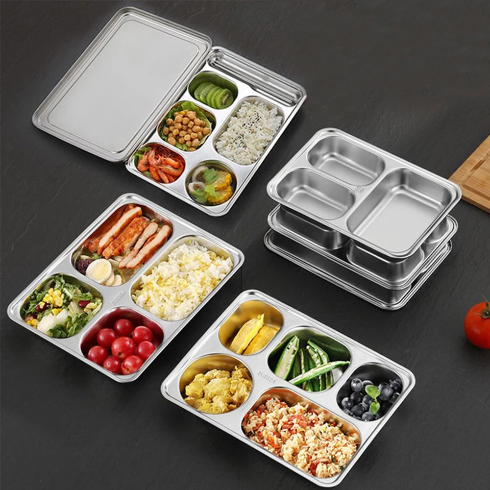 

IKITCHEN 4 5 Compartment 18/8 Stainless Steel Plates Divide Food Lunch Plates Fast Food Box Container Tray For School, Customized color