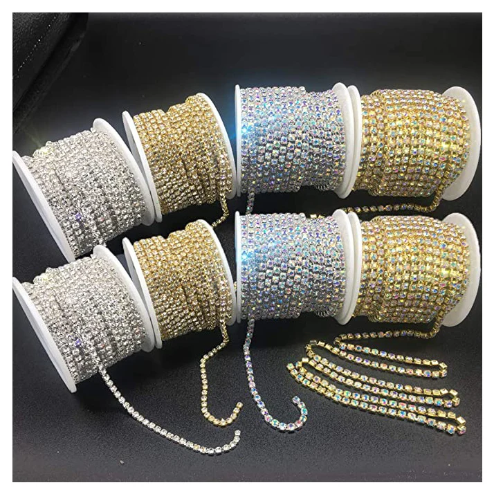 

Best Sell SS6/8/10/12/16/18/24/28 Gold Silver AB Color Rhinestone Cup Chain Fringe Trim On Roll, White, gold, ab