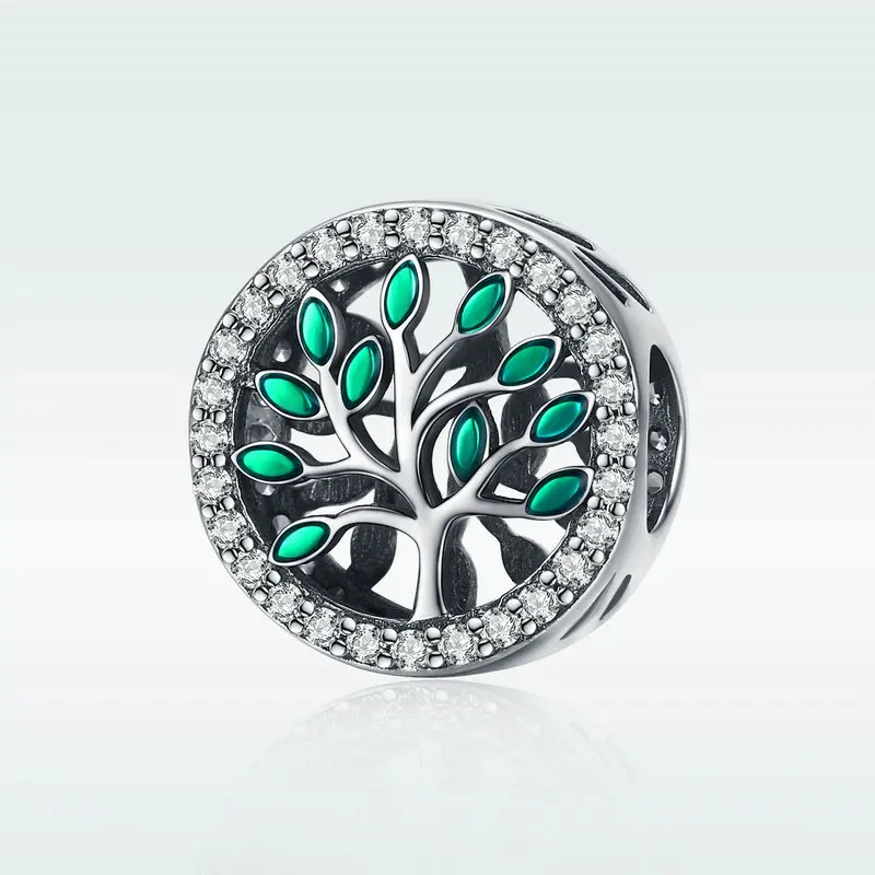 

Genuine 925 Sterling Silver Tree of Life Tree Leaves Clear CZ Beads fit Charms Bracelets DIY Jewelry Making