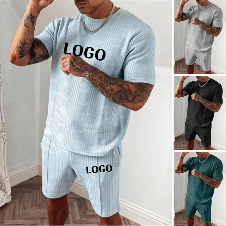 

wholesale designer print tee men short sets custom Logo embroidery outfit cotton custom printing 2 piece t-shirt for men