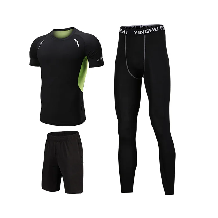 

Blank men's breathable running 3 pieces set compression running clothes gym fitness sport training wear, Black