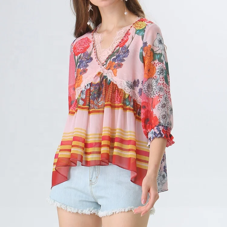 

Stocklot women's beaded floral printed chiffon loose top with puff sleeves high low hem blouse in stock, Red multi as photo