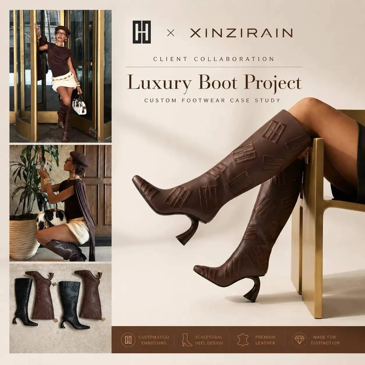 CCBOOT x XINZIRAIN - fully embossed luxury knee-high boot with a sculptural architectural heel in brown and black