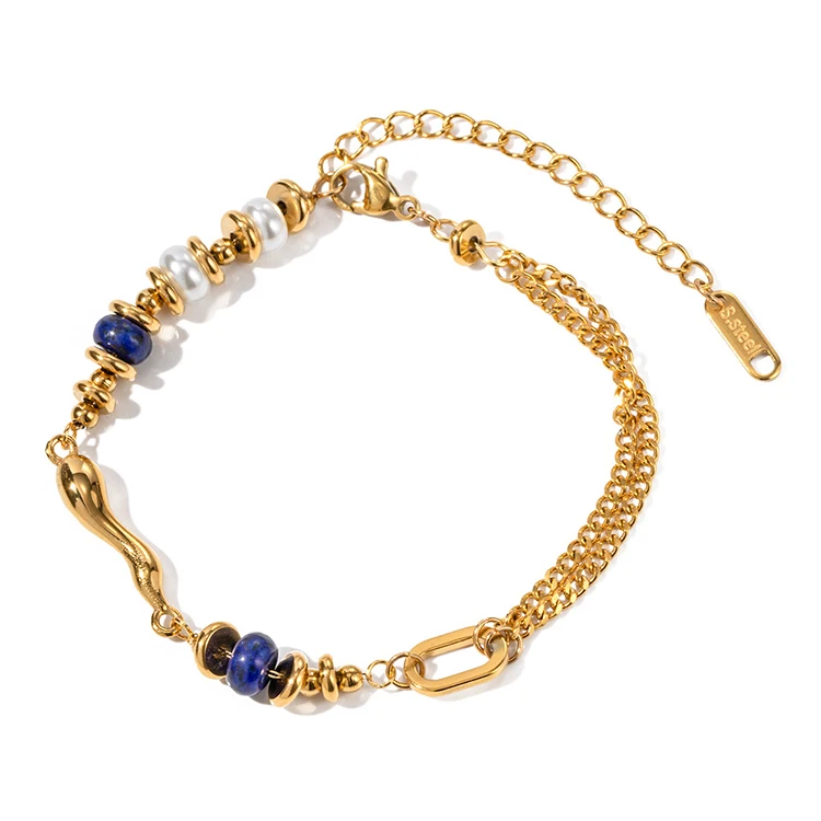 

Y071 Wholesale Bracelets PVD 18k Gold Plated Stainless Steel Lapis Lazuli Pearl Irregular Women Aesthetic Pearl Beads Bracelet