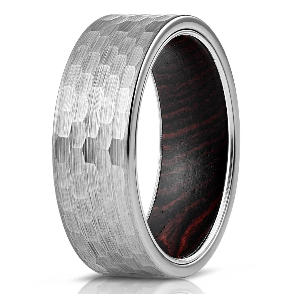 

POYA 8mm Hammered Tungsten Ring Men Women Wedding Band with Solid Wenge Wood Inlay, Customized color