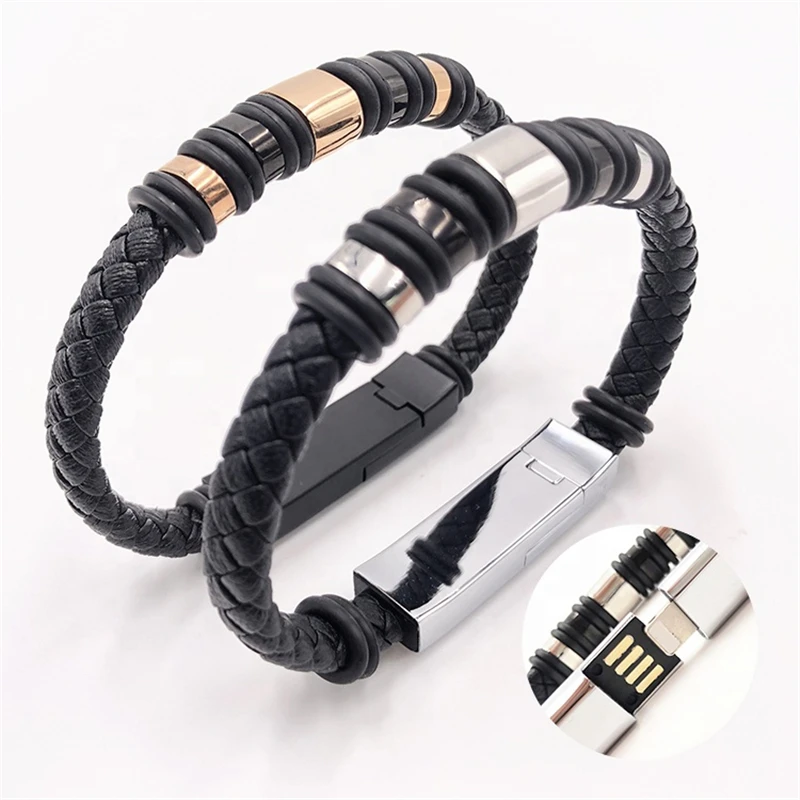 

New Arrival Male Stainless Steel Metal Leather Data Charging Usb Cable Bracelet, Black