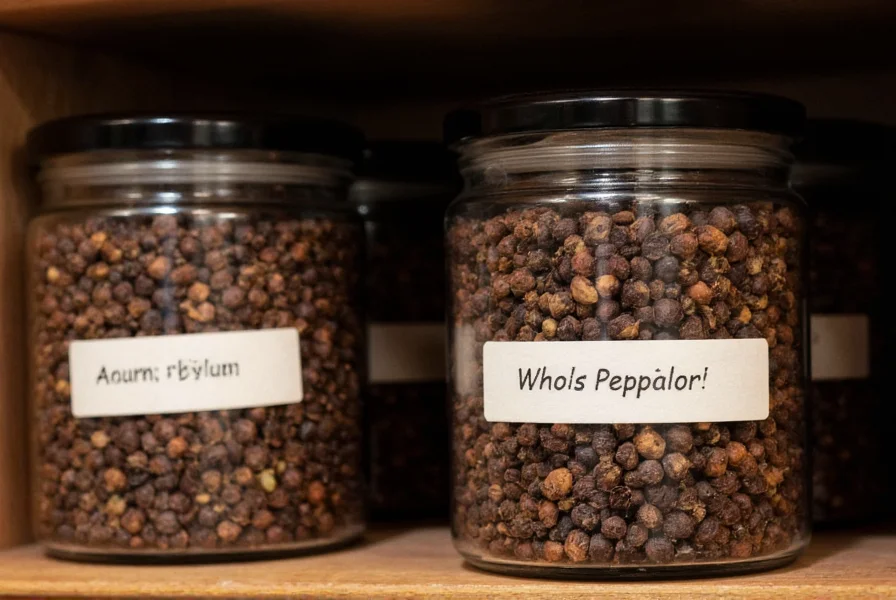Pepper storage demonstration showing whole peppercorns in glass jars with labels indicating harvest dates and origins, stored in cool dark environment