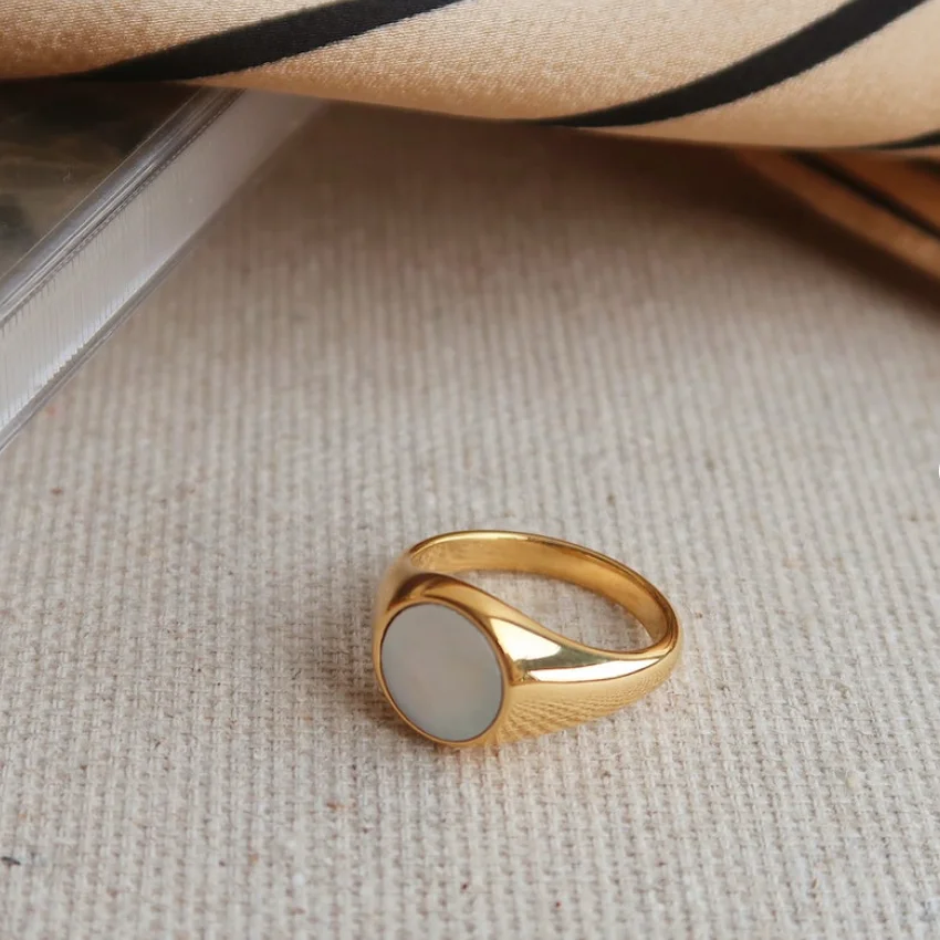 

Fashion Wide Band Moonstone Rings Stainless Steel 18K Gold Plated Stacking Statement Minimalist Dome Ring Jewelry for Gift, Silver, gold, rose gold, black etc.