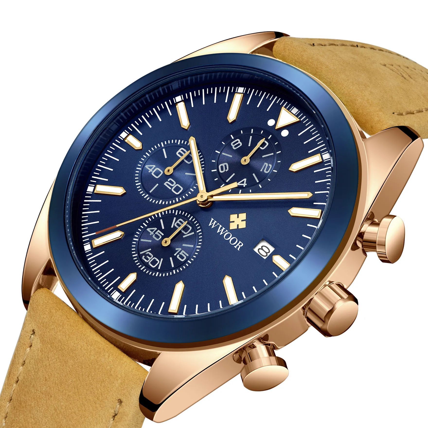 

WWOOR 8838 Chronograph Watch Men Quartz Wristwatch Blue Sports Leather Watches