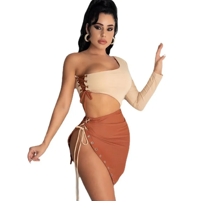 

Fashion Asymmetrical Lace Up Mini Dress New Summer One Shoulder Womens Cut Out Short Bandage Dresses Club B1241