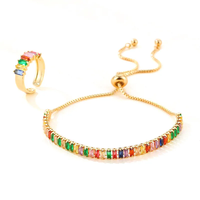 

Luxury Gold Silver Colorful Zircon Bracelet Ring Jewelry Set Adjustable Brass Zircon Chain Bracelet Open Ring Set