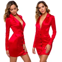

Factory Direct Sale Red V-Neck Short Skirt Long Sleeve Sexy Tight Dress For Women