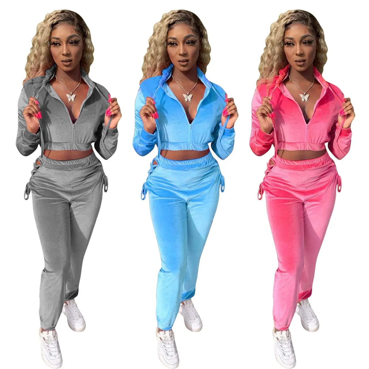 

2021 custom logo fall spring women hoodie stacked long sleeve zipper velour hooded two pieces bandage pants velvet hoodie set