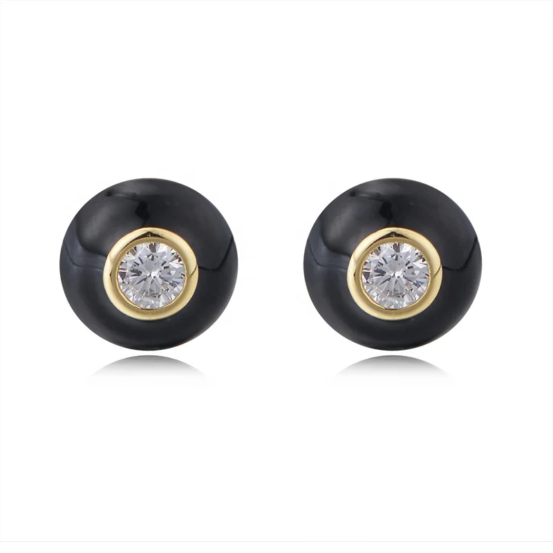 Ins Simple Design Black Oil Button Studs Fine Jewelry S925 Sterling Silver Zircon Enamel Stud Earrings for Women Girl Gift