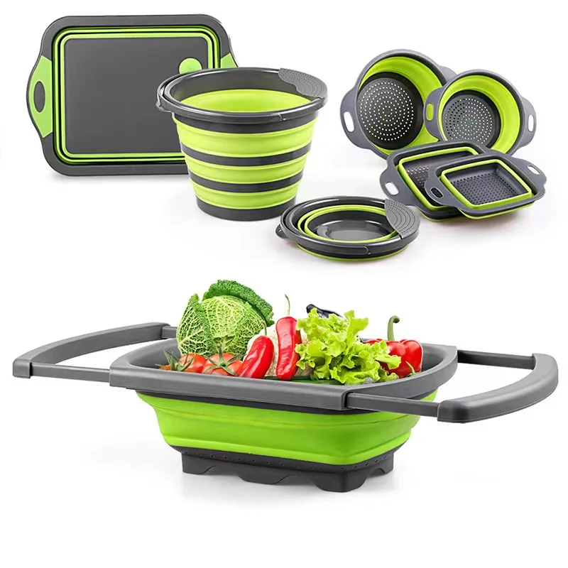 

Muilti-Function Flexible Folding Vegetable Strainer Collapsible Retractable Colander Set With Handle Washing Drying Storage Set