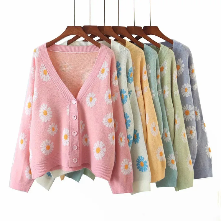 

Autumn Fashionable Print Long Sleeve Crop Tops Sweater Coats Women Casual Loose Knit Oversize Jackets 2021, White,pink,light green,blue,light blue