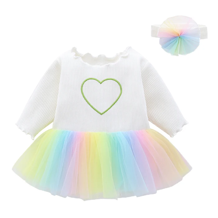 

2021 new spring elastic rainbow princess baby girl dress infant baby romper 0-3 months