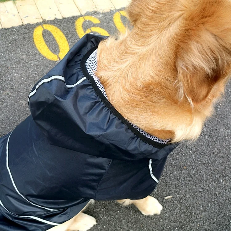 

Black Large Dog Raincoat Waterproof Hoodie RainJacket Poncho Double-Layer Two-Sleeve Pet Rainwear Clothes with Reflective Stripe